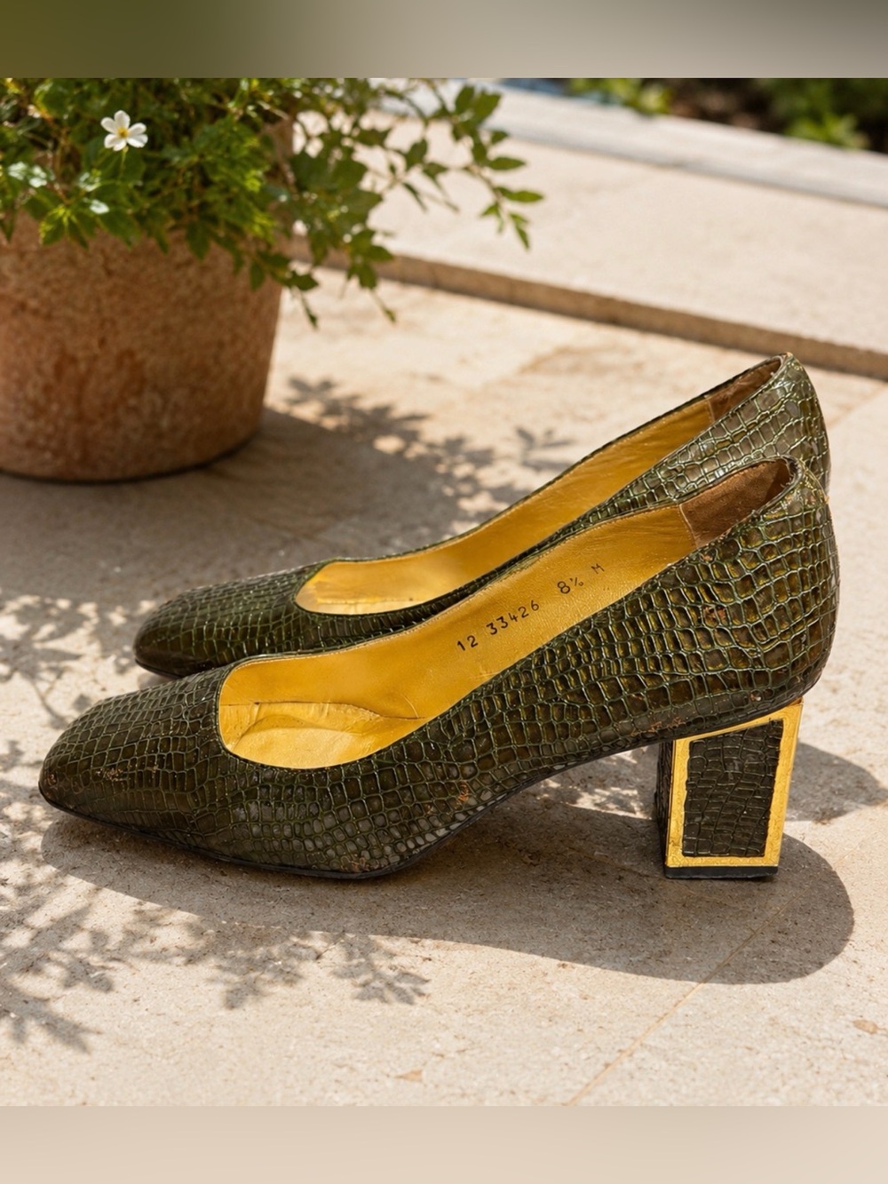Timothy Hitsman Olive Croc-Embossed Block Heel Pumps with Gold Trim 8.5
